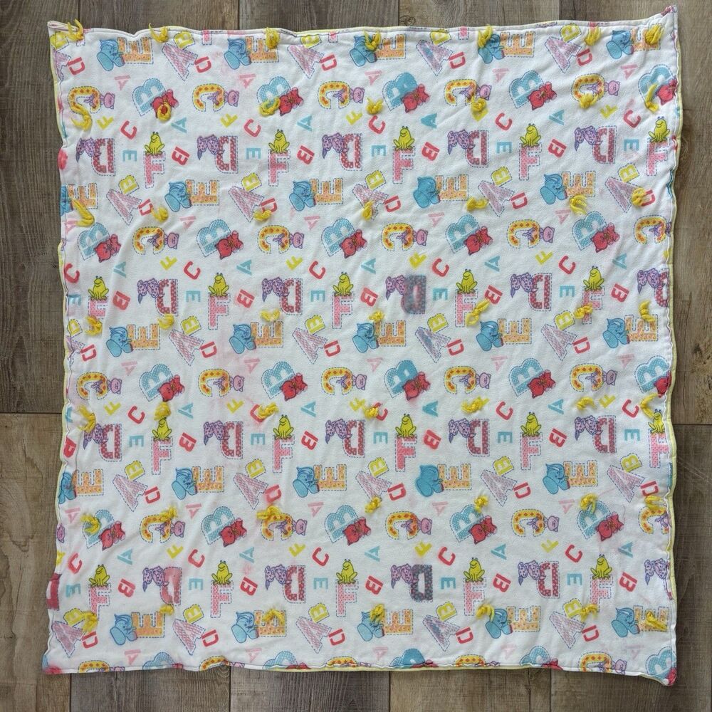 Vtg Baby Blanket Alphabet Nursery Animals 90s Fleece Handmade Cat Bear Elephant